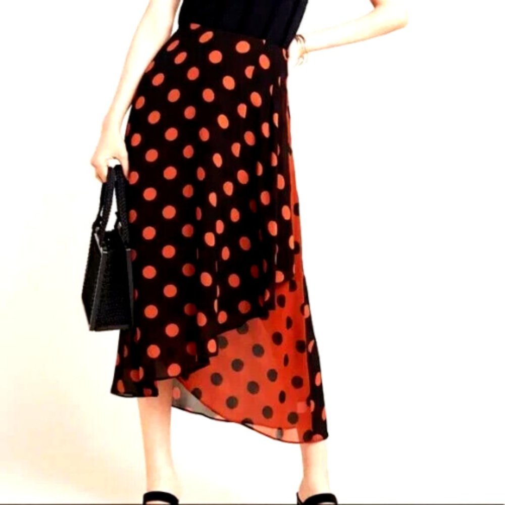 Maeve Anthropologie Oksana Midi Skirt Black Rust/Orange Polka Dots